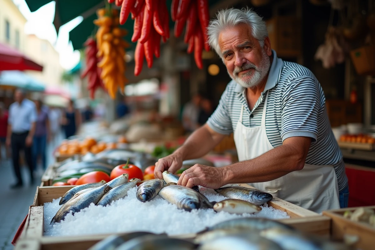 Vendeur de poissons et fruits de mer au marché animé de Porta Nolana à Naples