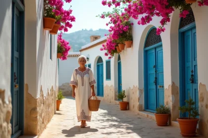 Ruelle typique de la médina de Sidi Bou Said avec portes bleues et blanches et bougainvillées, femme tunisienne en tenue traditionnelle