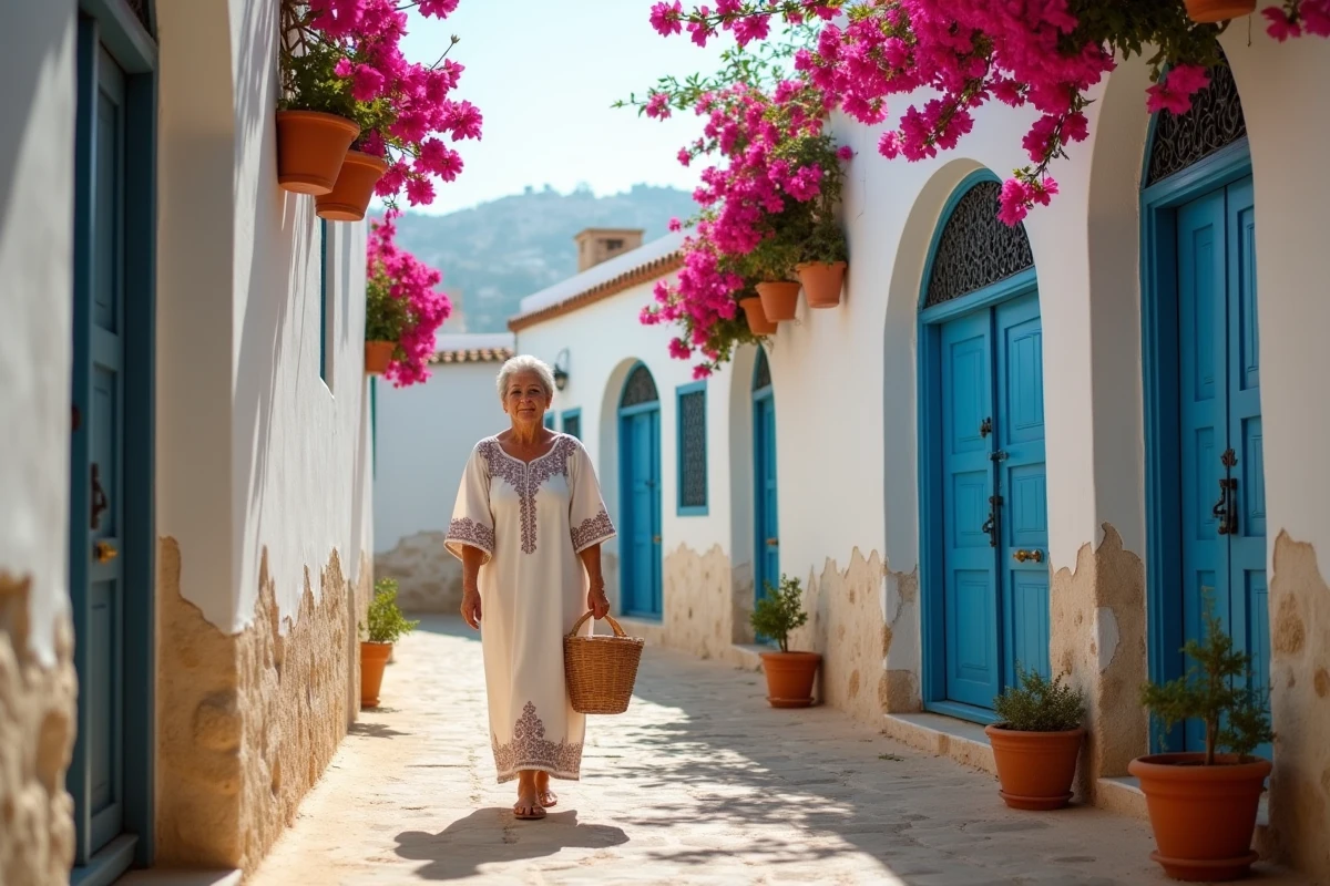 Ruelle typique de la médina de Sidi Bou Said avec portes bleues et blanches et bougainvillées, femme tunisienne en tenue traditionnelle