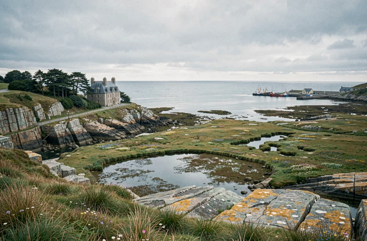 Paysage côtier breton avec falaises de granit, manoir en pierre et baie atlantique calme sous un ciel nuageux