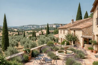 Vue panoramique de la région du Gard avec architecture en pierre, toits en tuiles et végétation méditerranéenne typique