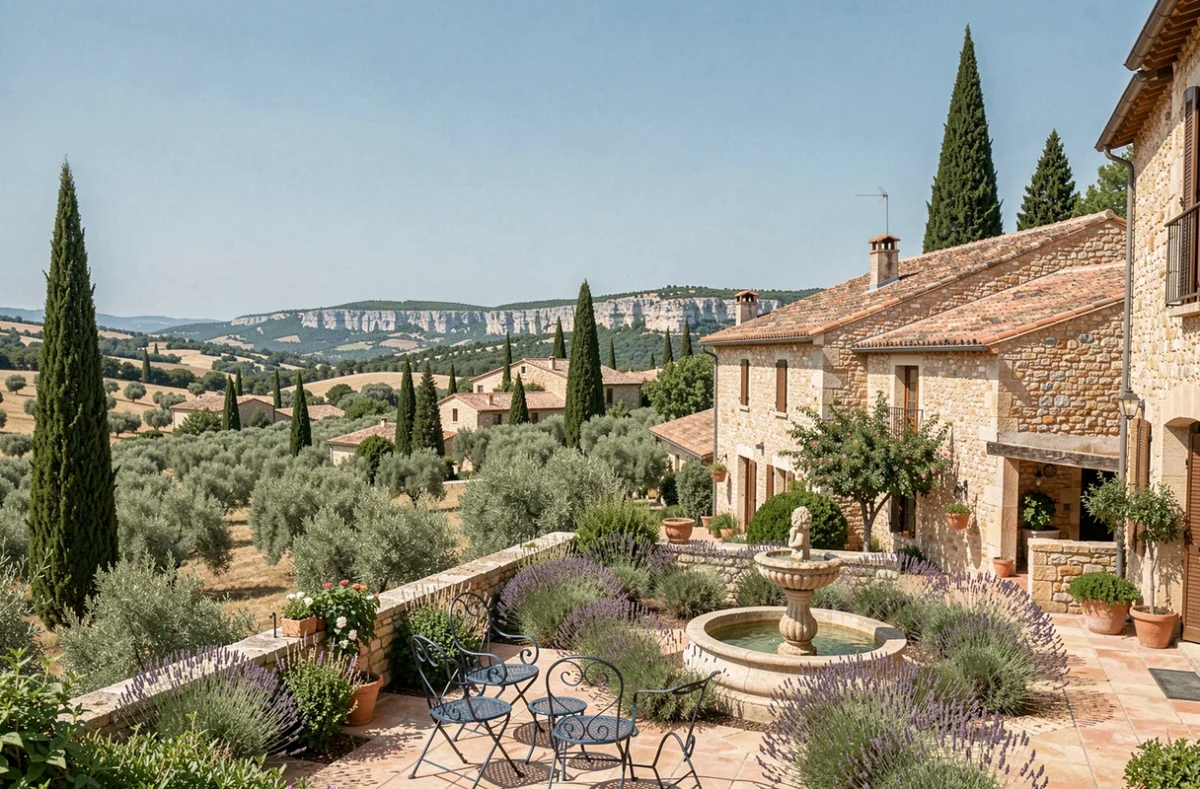 Vue panoramique de la région du Gard avec architecture en pierre, toits en tuiles et végétation méditerranéenne typique