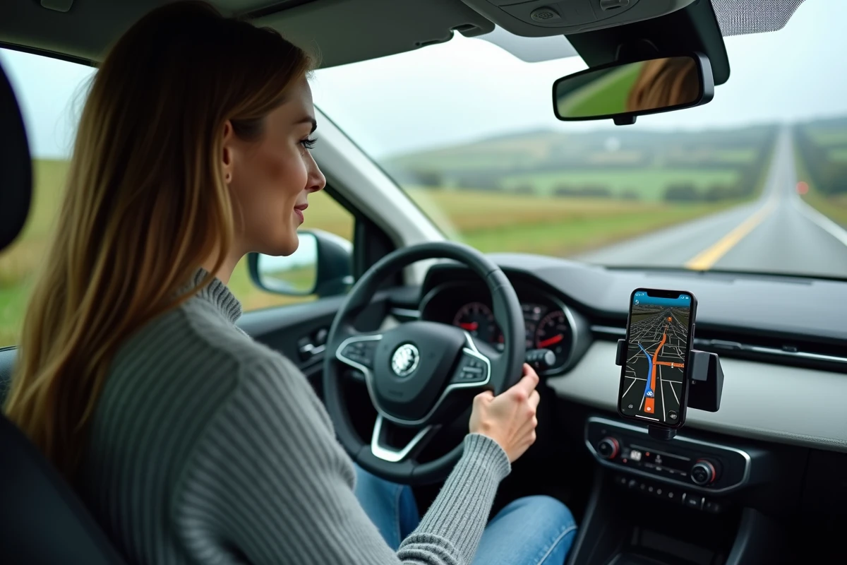 Femme consultant une application GPS de navigation routière dans une voiture sur autoroute française