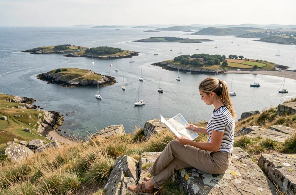 Femme consultant une carte du golfe du Morbihan depuis un promontoire rocheux avec vue panoramique sur les îles et voiliers