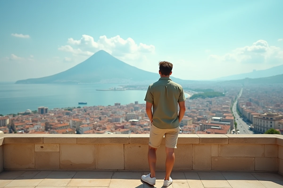 Touriste admirant le panorama de Naples et du Vésuve depuis la terrasse de la Certosa di San Martino