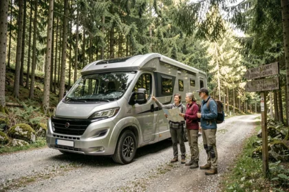 Camping-car stationné en forêt du Jura près de la cascade du Hérisson, couple consultant une carte routière à côté du véhicule