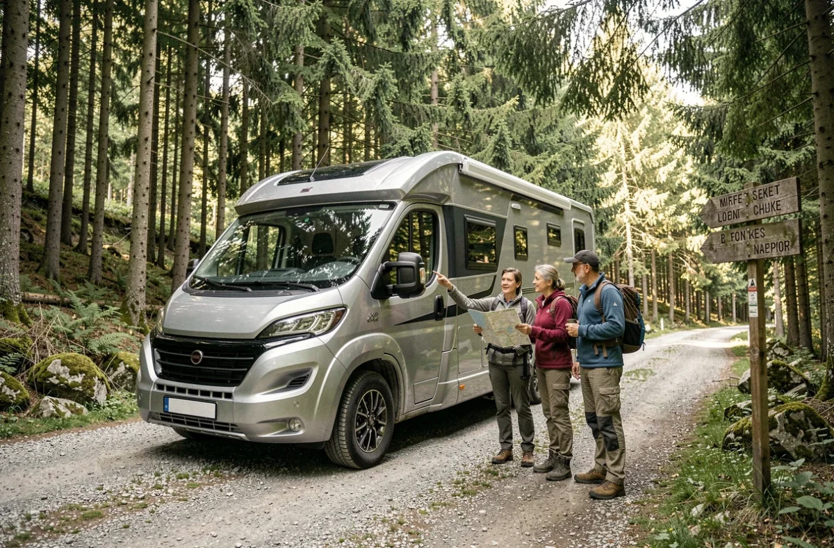 Camping-car stationné en forêt du Jura près de la cascade du Hérisson, couple consultant une carte routière à côté du véhicule