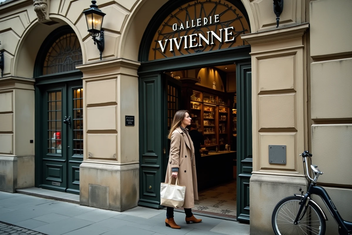 Entrée du passage Vivienne depuis la rue Vivienne, avec son arche en pierre gravée et une passante parisienne s'apprêtant à entrer