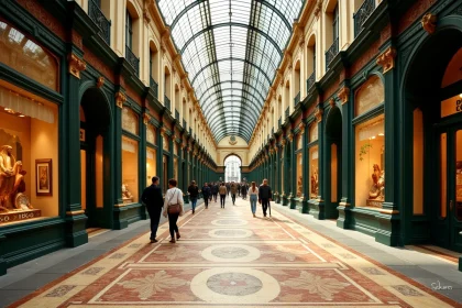 Intérieur du passage Vivienne à Paris avec son sol en mosaïque géométrique, sa verrière en fer forgé et ses boutiques historiques