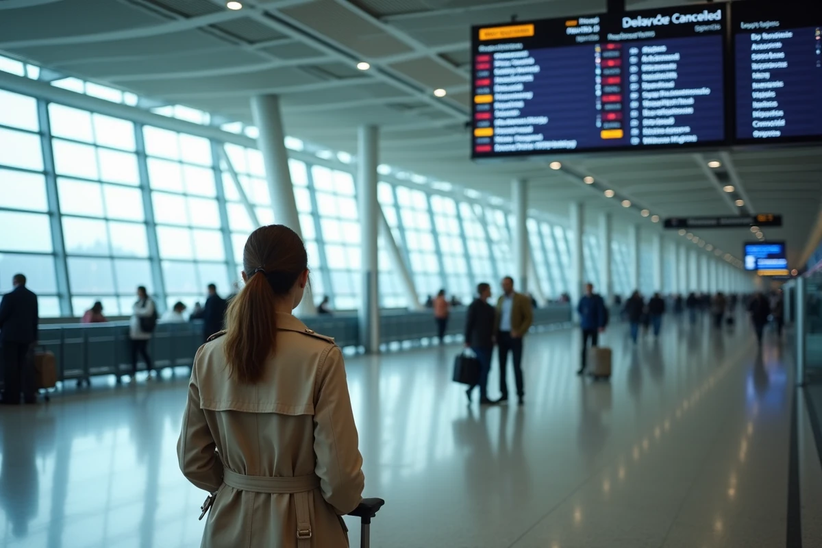 Passagère frustrée devant un tableau des départs affichant des vols Transavia retardés et annulés dans un aéroport européen