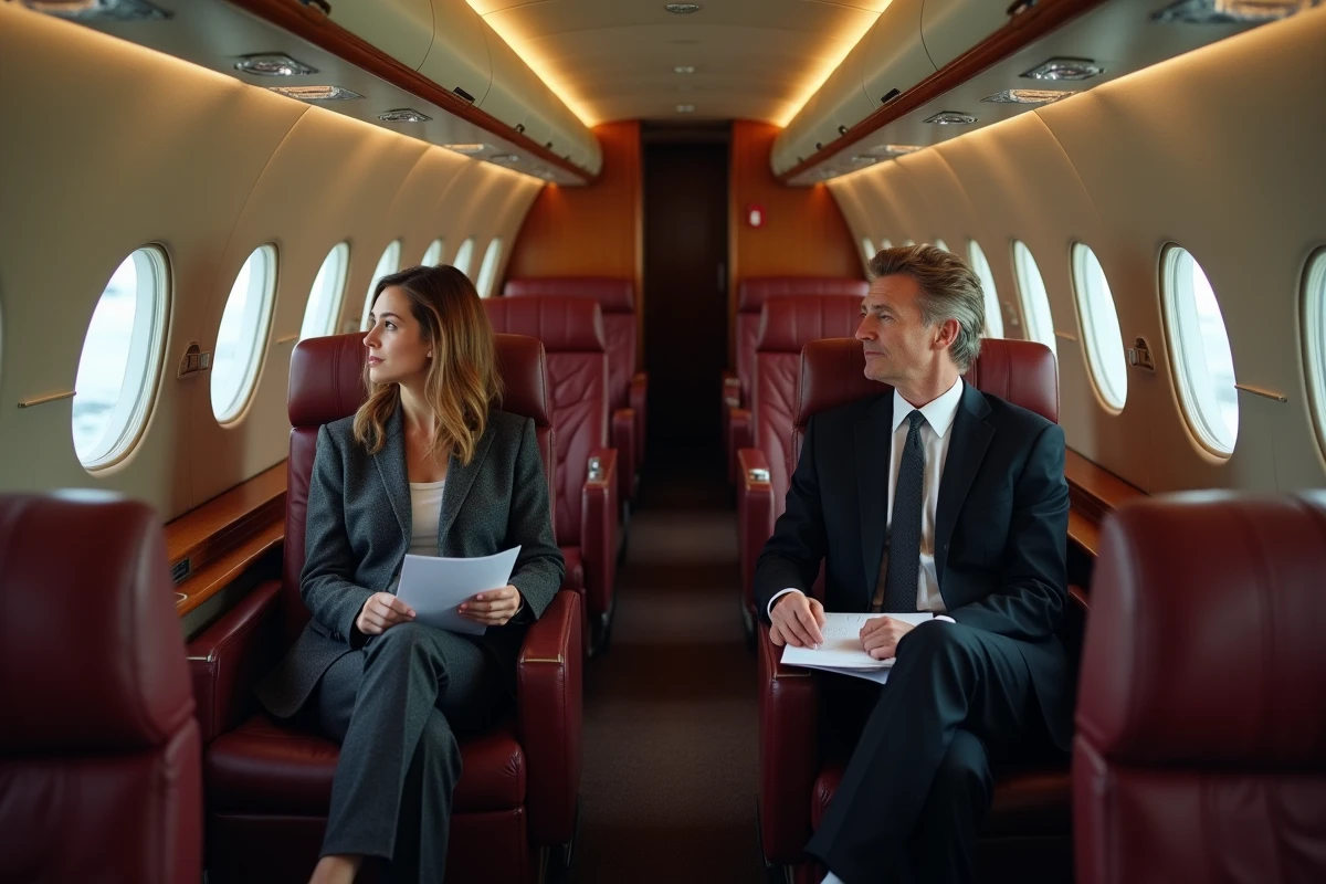 Passagers en classe affaires à bord du Concorde lors d'un vol supersonique Paris New York en altitude de croisière