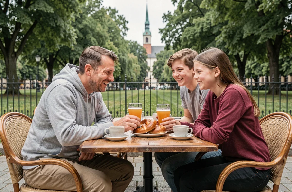 Père et enfants en pause snack abordable sur une terrasse à Vienne
