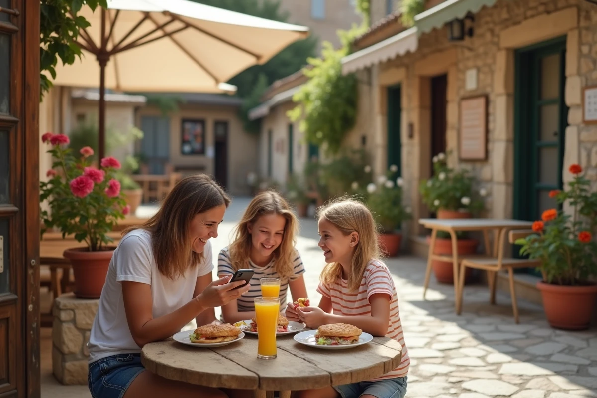 Pause déjeuner en famille dans un village corse entre Propriano et Ajaccio lors d'un trajet en voiture