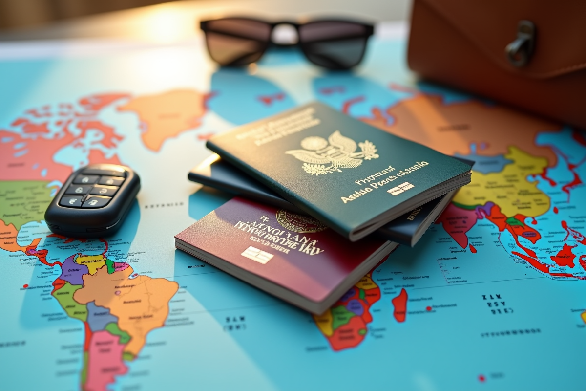 Pile de permis de conduire et passeports sur une carte du monde