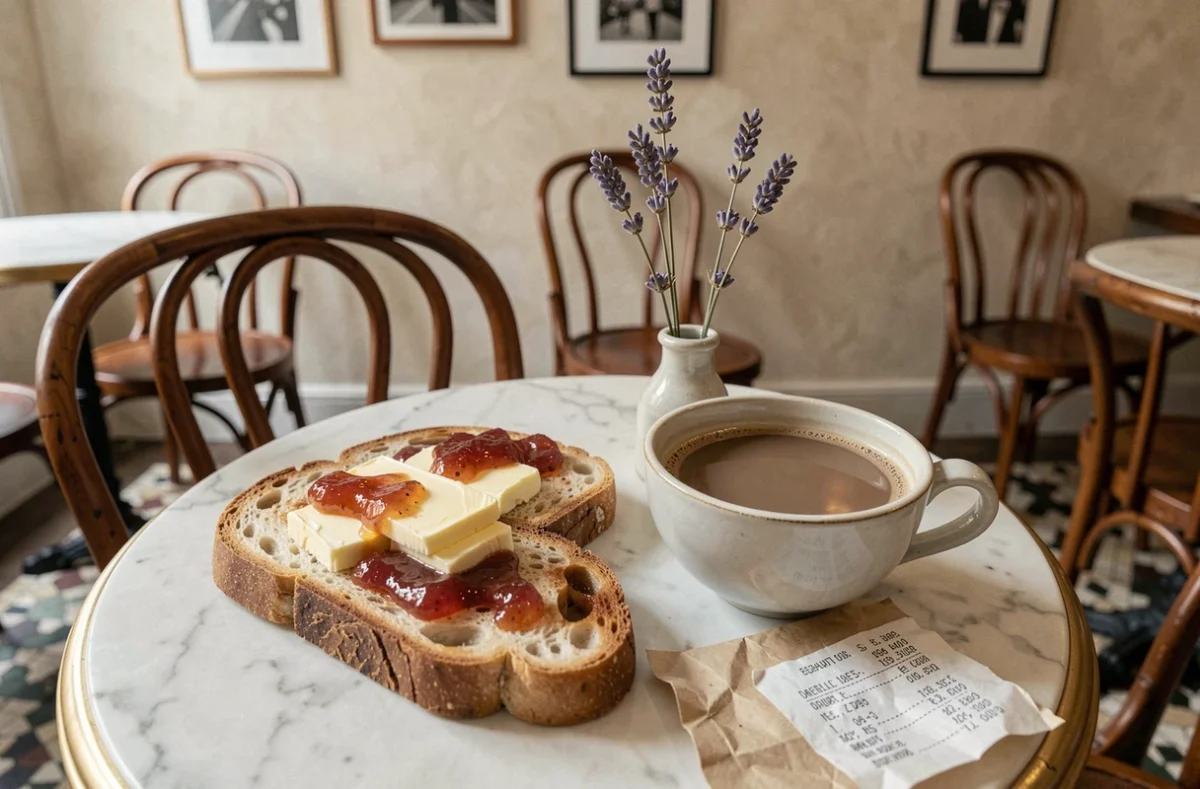 Petit-déjeuner gourmand sur table en marbre dans une pâtisserie de Montmartre, tartine beurre confiture et café au lait