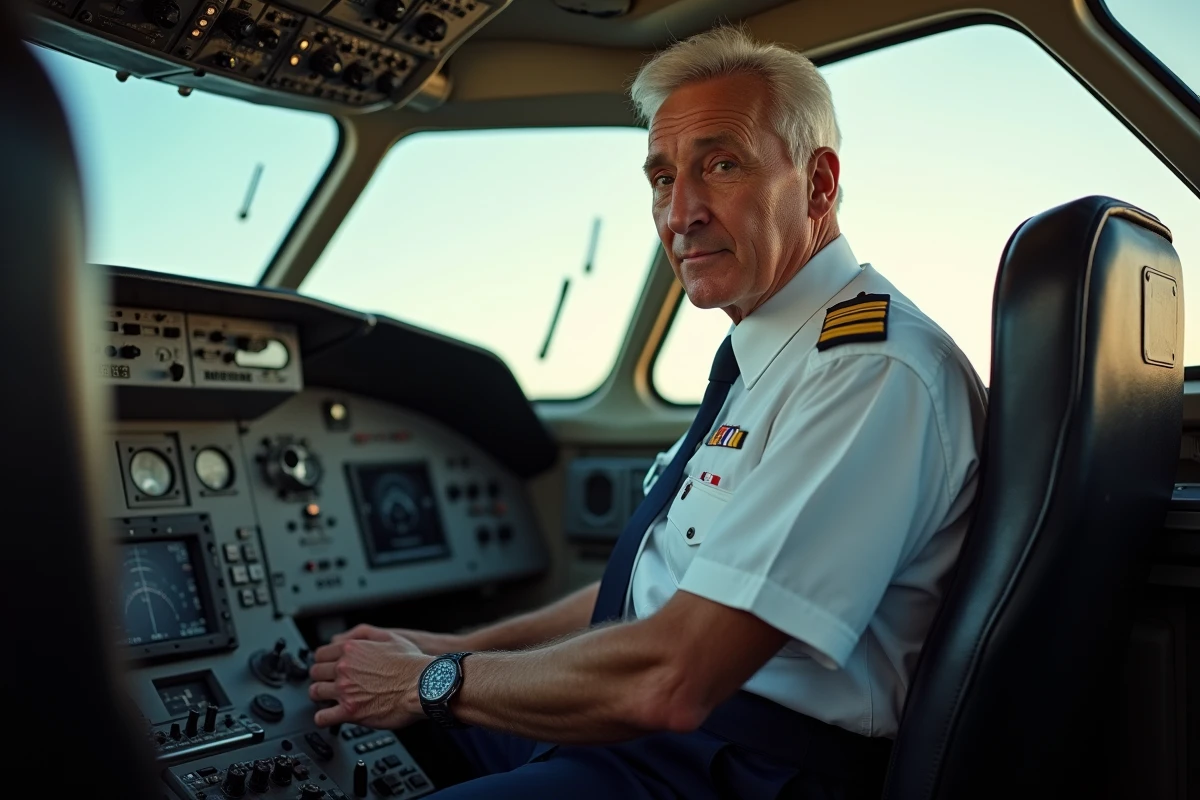 Pilote d'Air France dans le cockpit du Concorde avec tableau de bord analogique, vol supersonique transatlantique