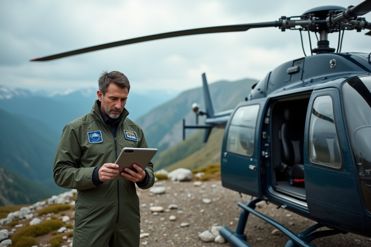 Pilote d'hélicoptère en tenue moderne sur un helipad en montagne