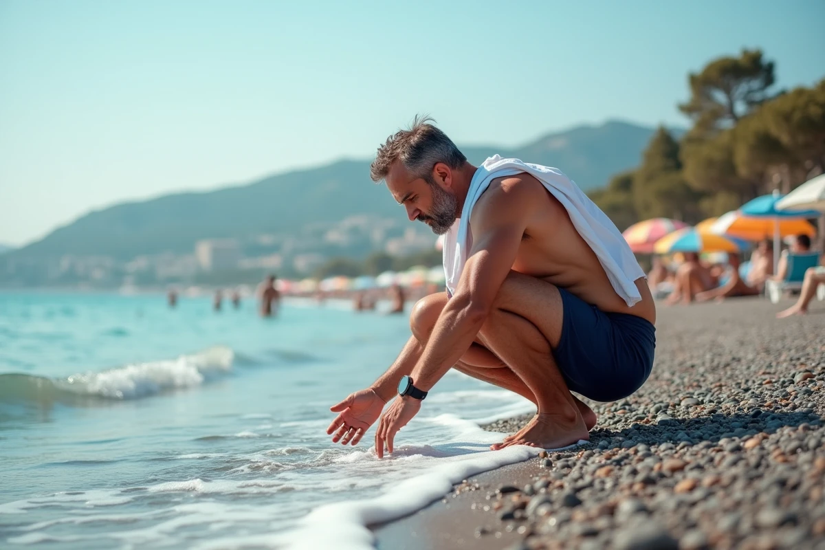Homme accroupi sur la plage de galets de Nice vérifiant la température de l'eau avant de se baigner, avec la Colline du Château en arrière-plan