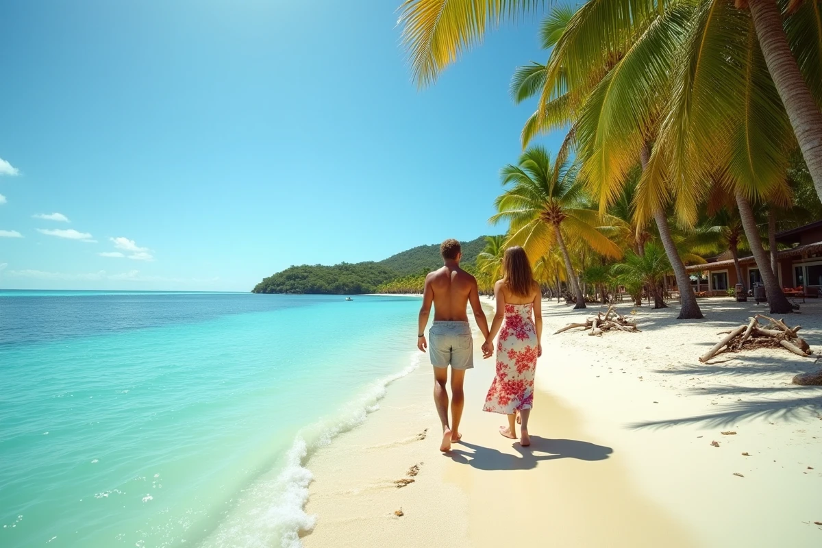 Couple se promenant sur la plage de Punta Cana en République Dominicaine lors de vacances depuis Lyon