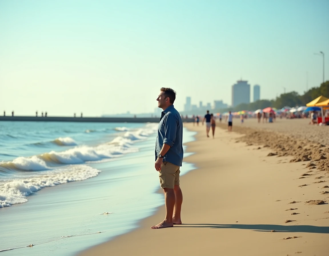 Homme au bord de l'eau à South Beach Staten Island, plage de sable fin avec boardwalk et horizon sur la baie de New York
