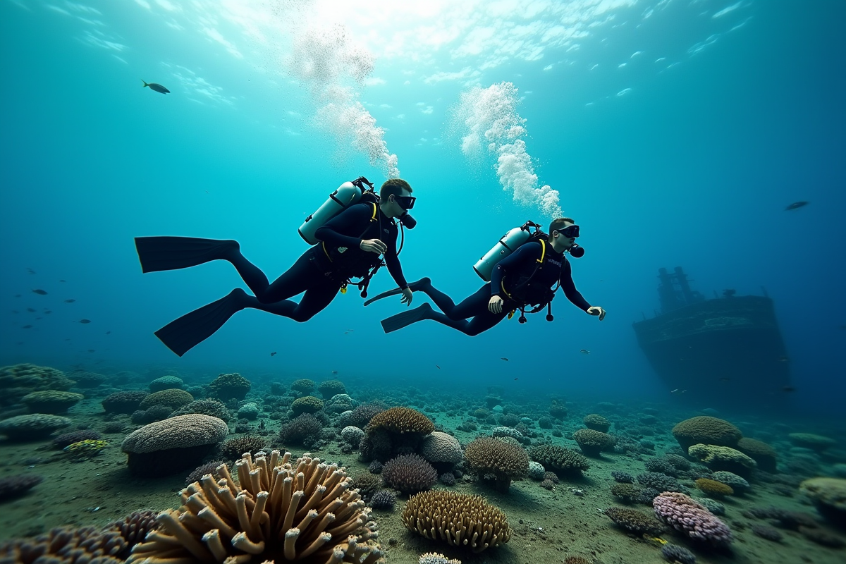 Deux plongeurs explorant un récif corallien sous l