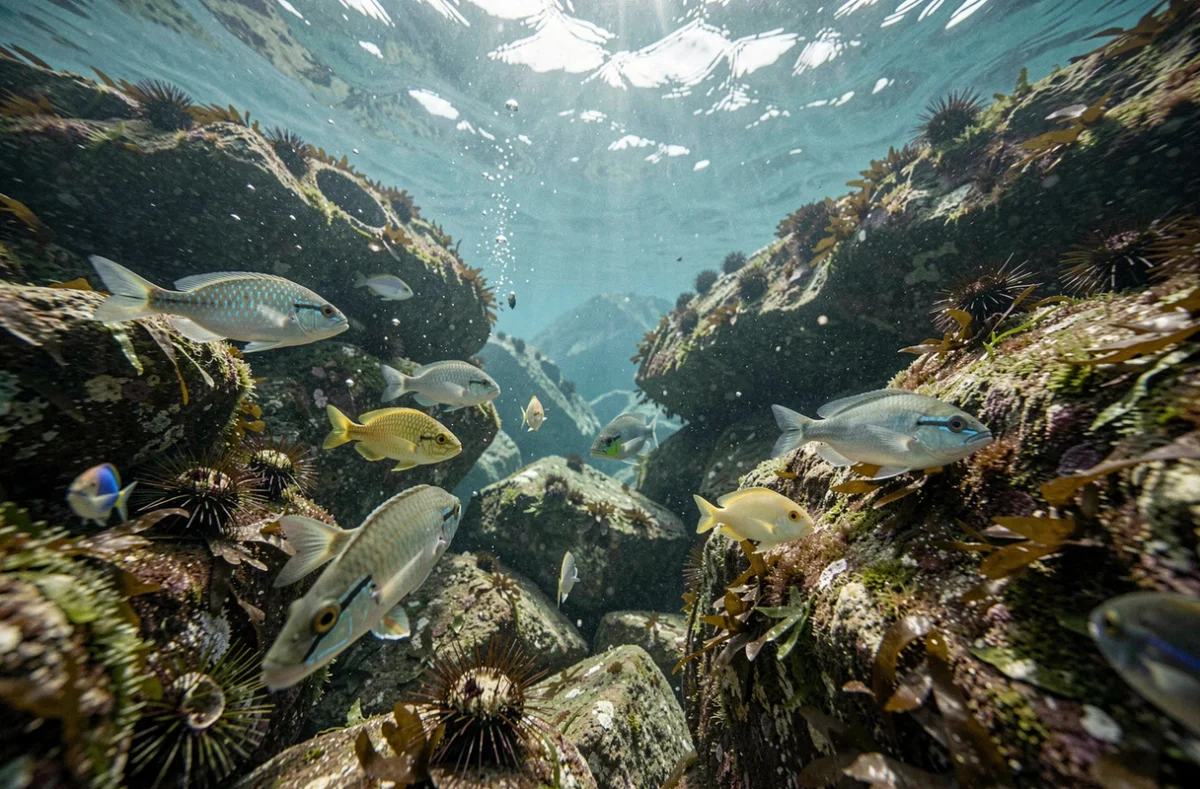 Poissons méditerranéens colorés nageant parmi les rochers et les oursins des fonds marins de l'île de Lokrum en Croatie