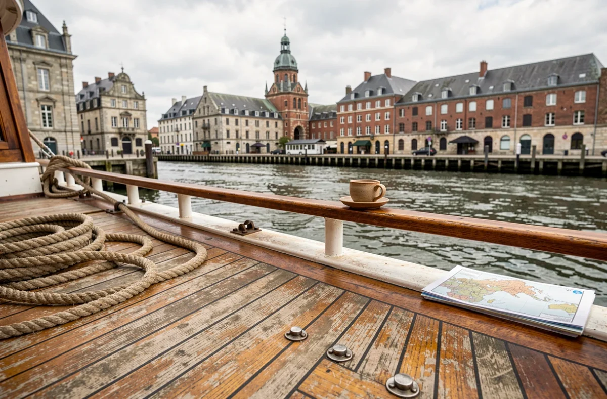 Pont en bois d'un bateau de croisière amarré aux quais de Nantes avec vue sur la ville