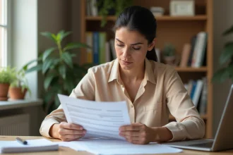 Femme préparant un dossier de visa médical long séjour avec des documents officiels sur un bureau