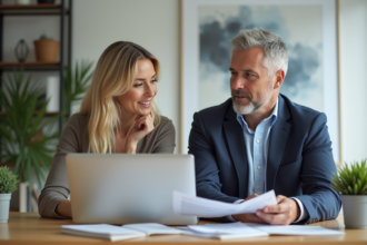 Une femme et un homme en tenue de bureau regardant un ordinateur