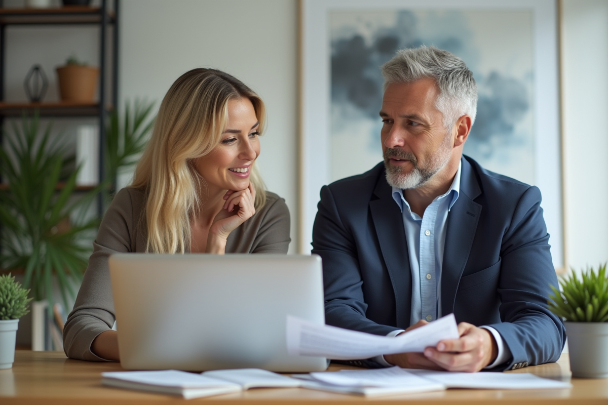 Une femme et un homme en tenue de bureau regardant un ordinateur