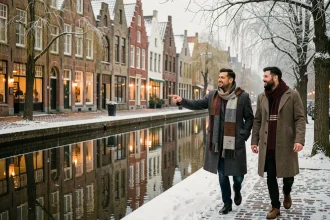 Couple se promenant le long d'un canal enneigé à Gand en hiver avec les façades médiévales en arrière-plan