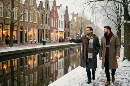 Couple se promenant le long d'un canal enneigé à Gand en hiver avec les façades médiévales en arrière-plan