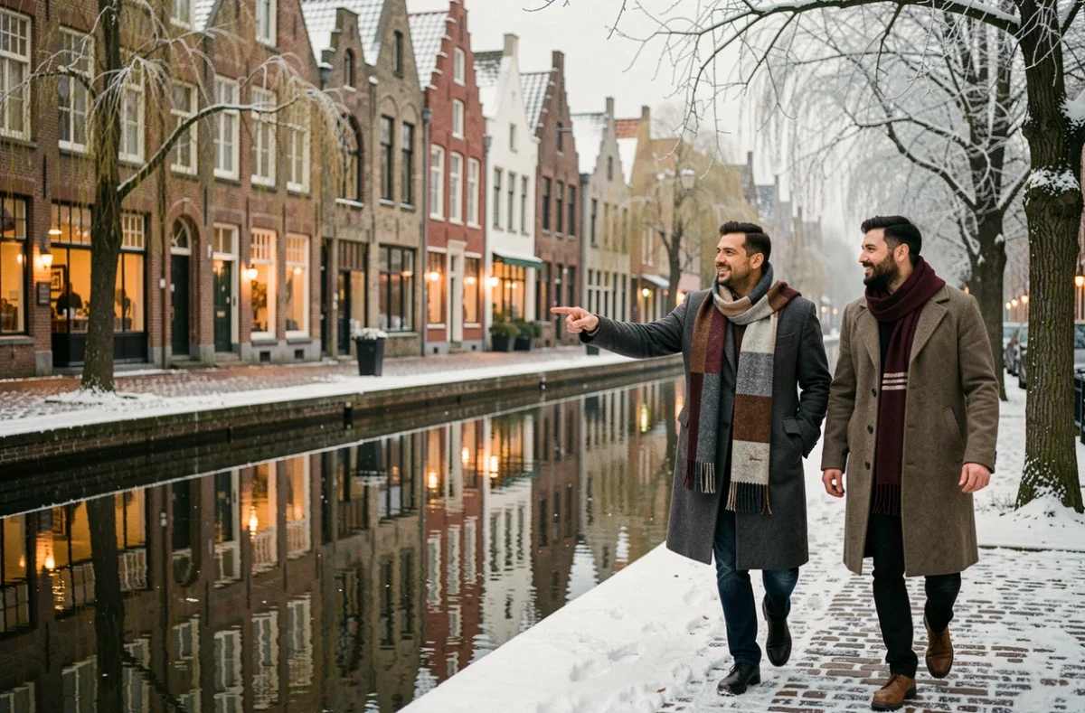 Couple se promenant le long d'un canal enneigé à Gand en hiver avec les façades médiévales en arrière-plan