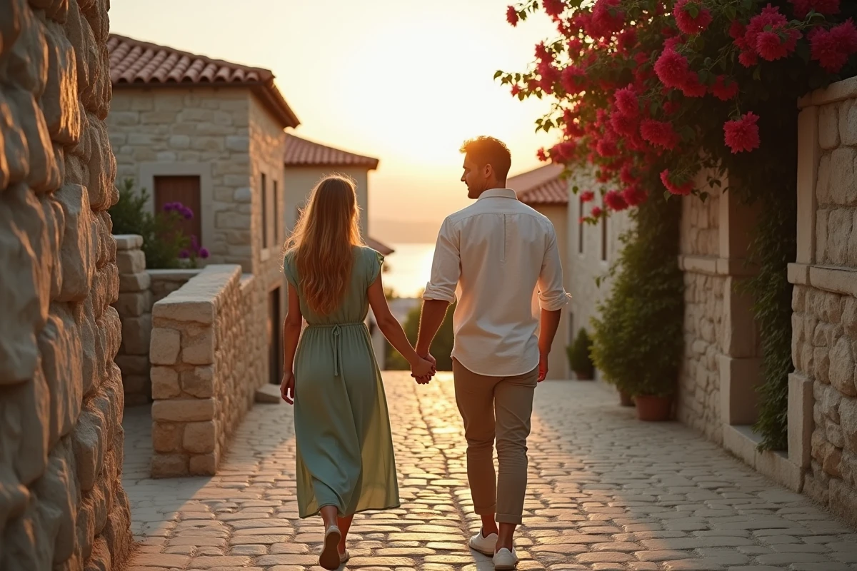 Couple se promenant main dans la main dans une ruelle pavée entre les tours en pierre typiques du village de Limeni au Magne