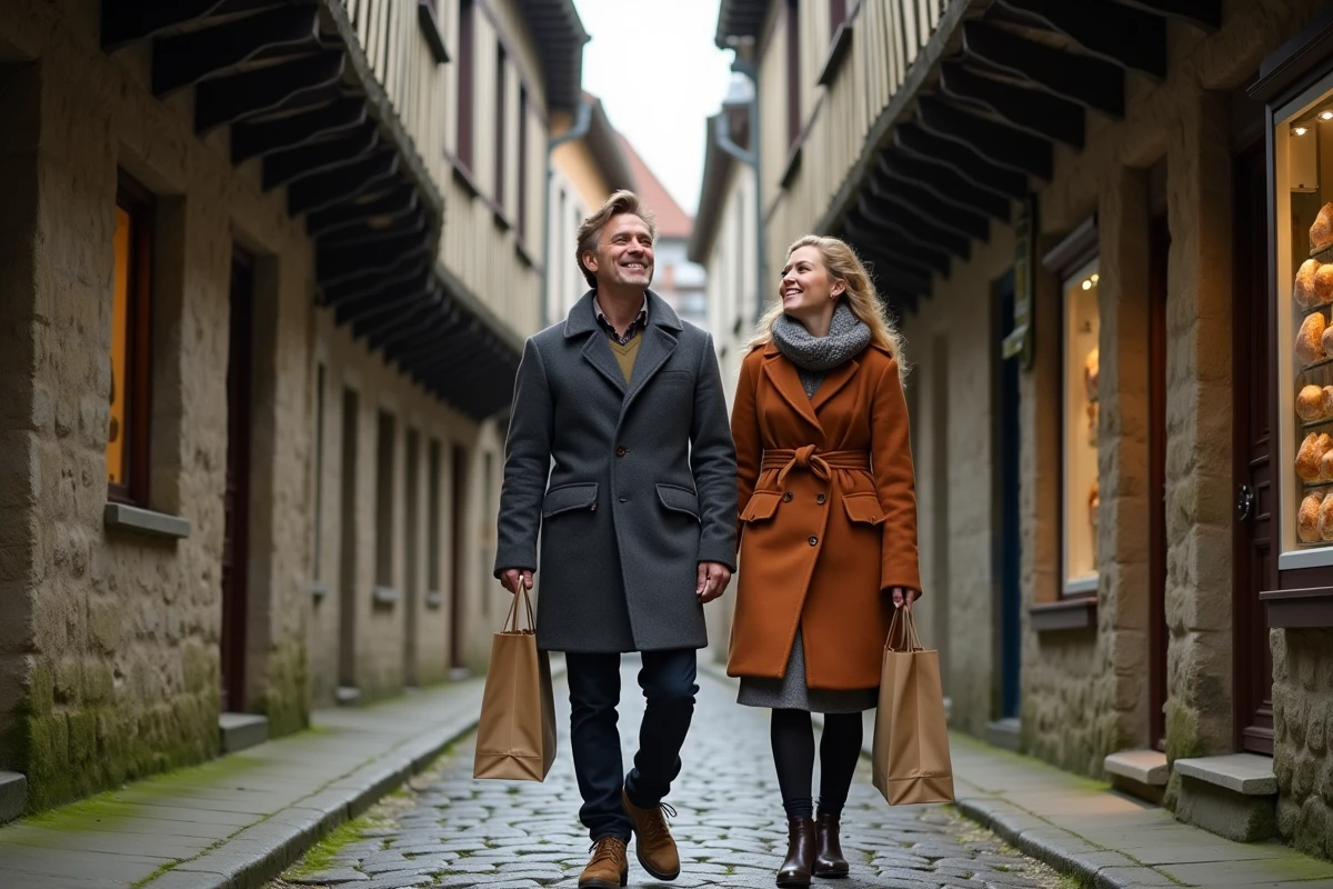 Couple se promenant dans une ruelle historique à colombages de Honfleur lors d'une visite du vieux port