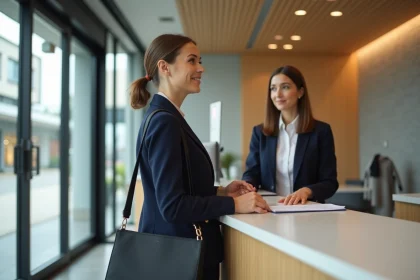 Femme d'affaires en train de s'enregistrer à la réception de l'Etap Hôtel Strasbourg Gare