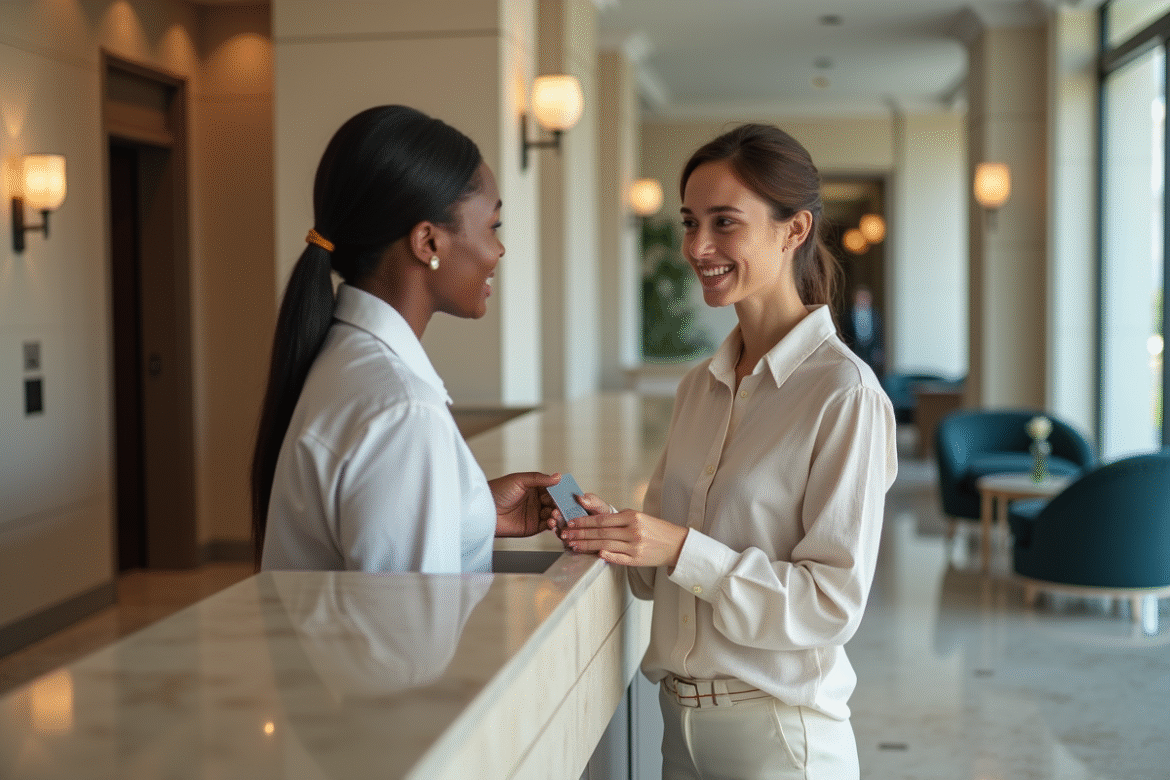 Jeune femme souriante recevant une clé à l'hôtel