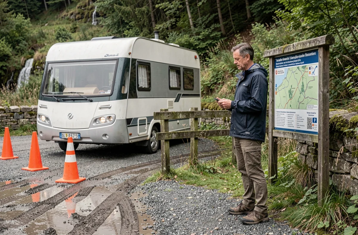 Campeur lisant un panneau de réglementation de stationnement à l'entrée du sentier de la cascade du Hérisson