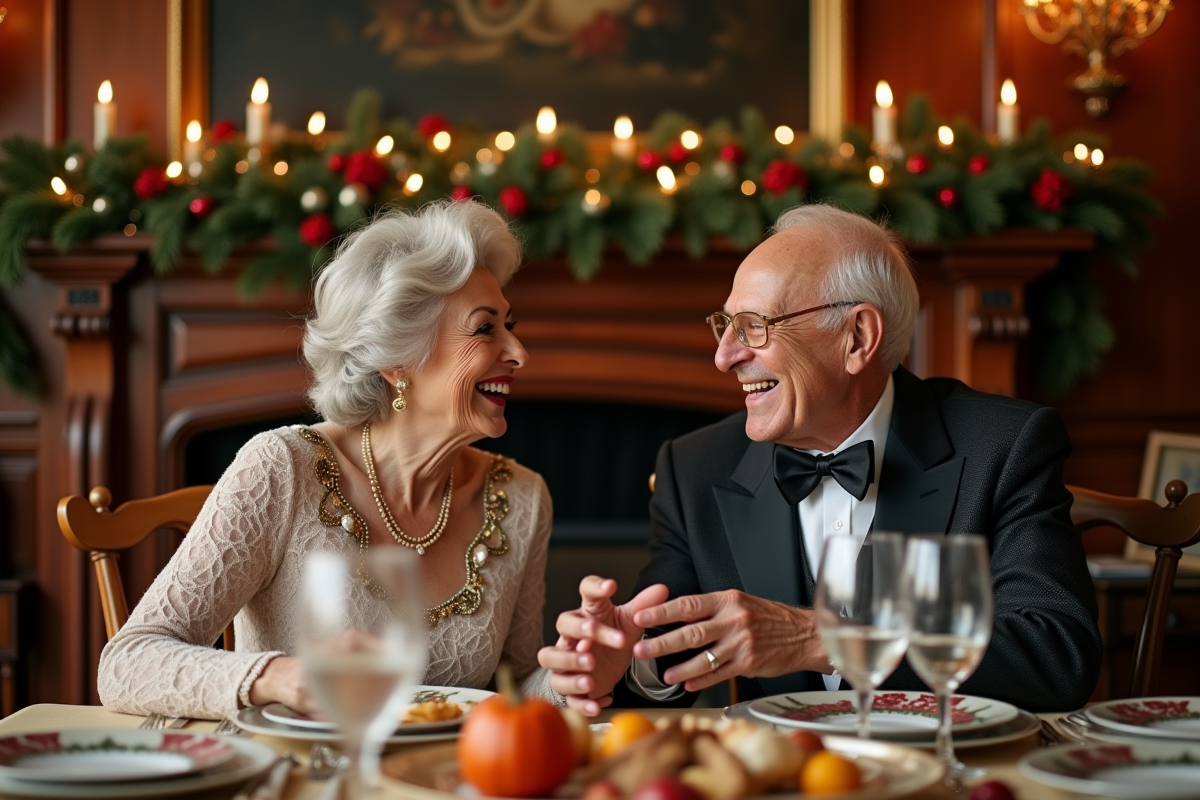 Personnes âgées partageant un repas de fête dans une salle chaleureuse
