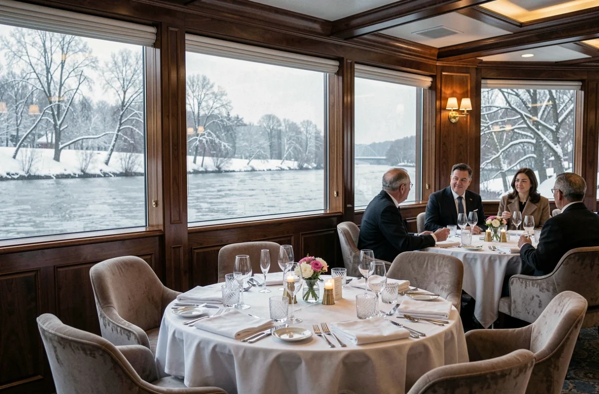 Salle à manger élégante d'un bateau de croisière fluviale sur le Danube en hiver avec vue sur les berges enneigées