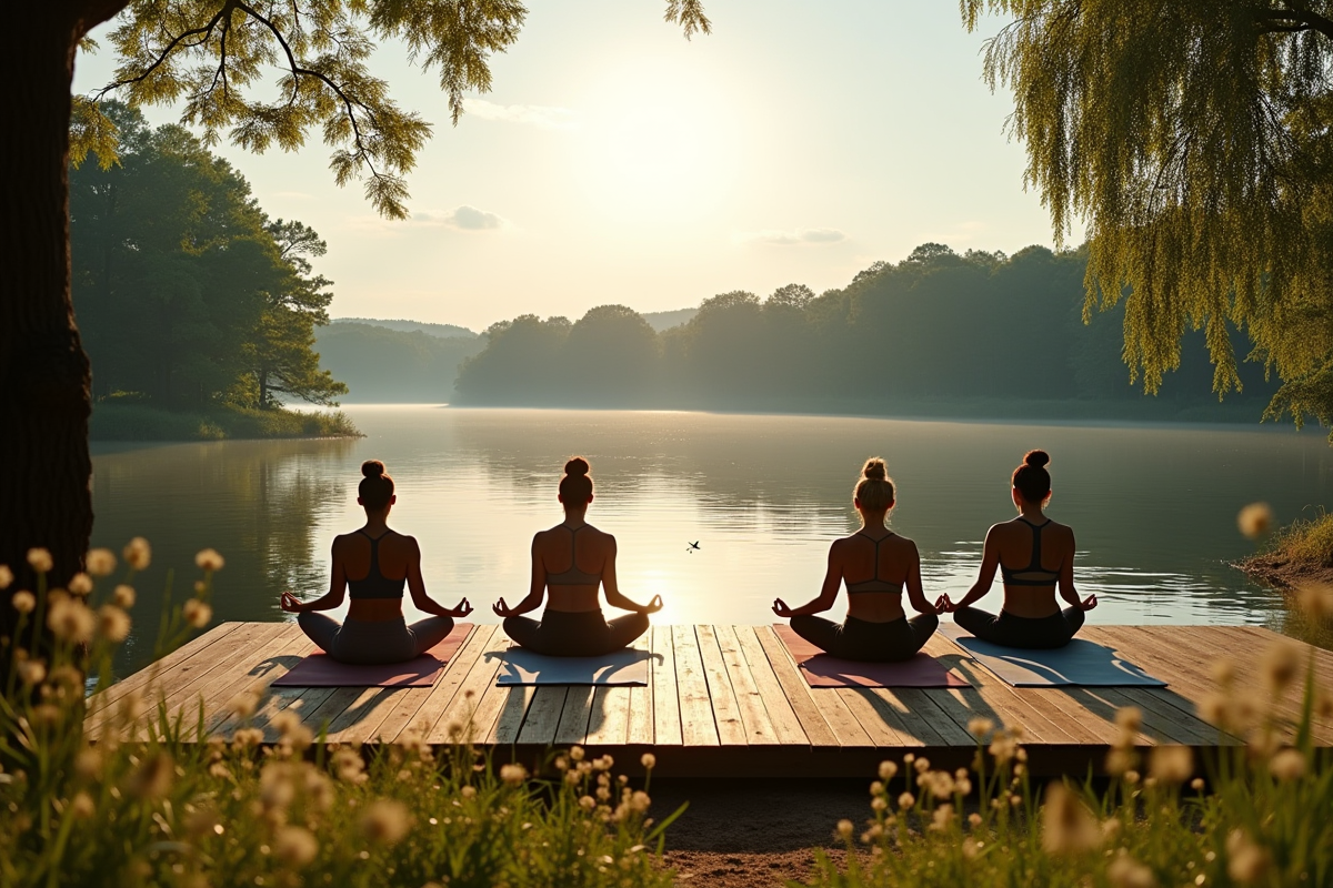 Groupe pratiquant le yoga au bord d