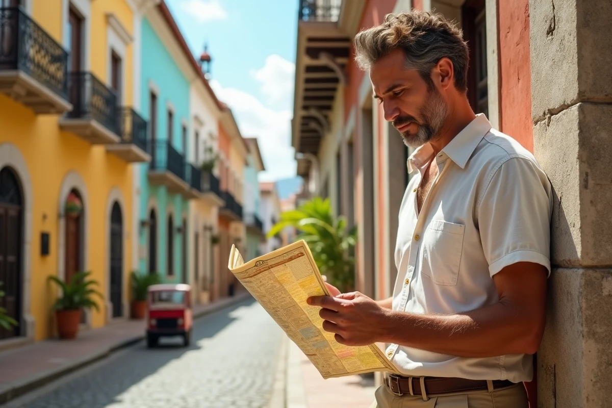 Voyageur explorant les rues coloniales de Santo Domingo en République Dominicaine avec une carte de la ville