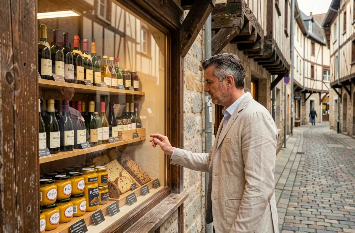 Rue pavée du centre de Dijon avec boutique de spécialités gastronomiques bourguignonnes