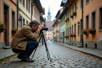 Photographe en train de shooter une rue pavée d'Oberammergau avec ses maisons traditionnelles bavaroises ornées de fresques Lüftlmalerei colorées en automne