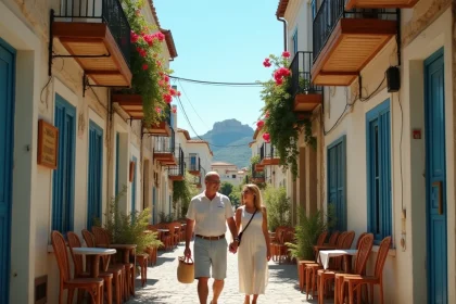Couple se promenant dans une ruelle pavée du quartier de Plaka à Athènes avec l'Acropole en arrière-plan et des bougainvilliers colorés sur les façades blanchies
