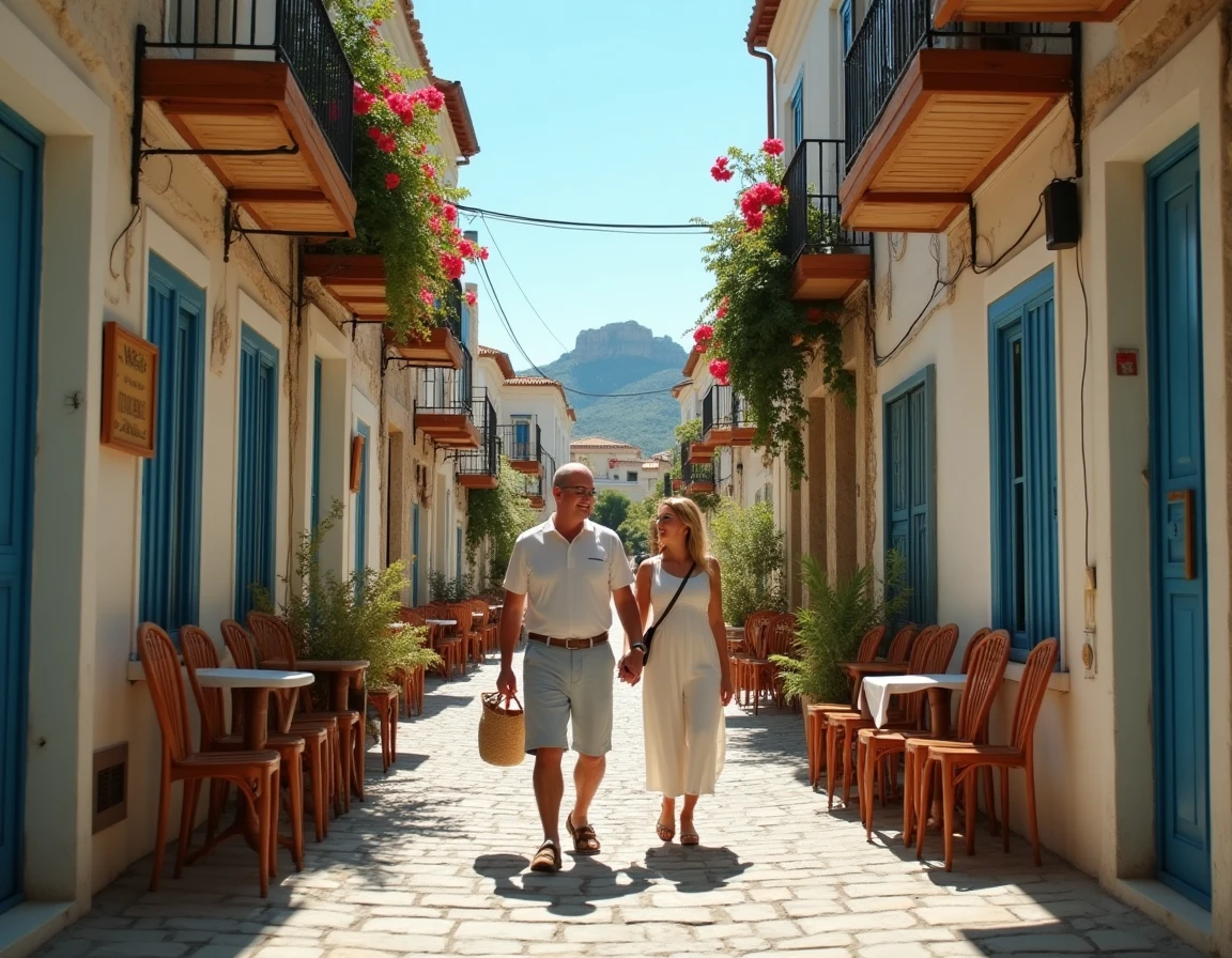 Couple se promenant dans une ruelle pavée du quartier de Plaka à Athènes avec l'Acropole en arrière-plan et des bougainvilliers colorés sur les façades blanchies