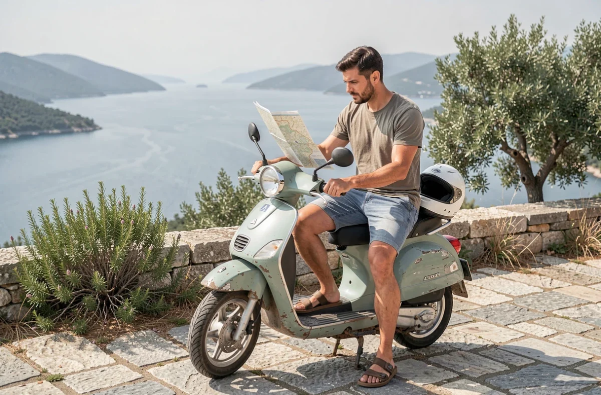 Homme en scooter de location consultant une carte au bord d'un lagon sur l'île de Mljet en Croatie