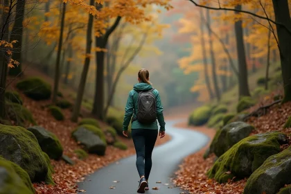 Femme en randonnée sur un sentier forestier automnal dans le Greenbelt de Staten Island, feuilles dorées au sol et canopée colorée