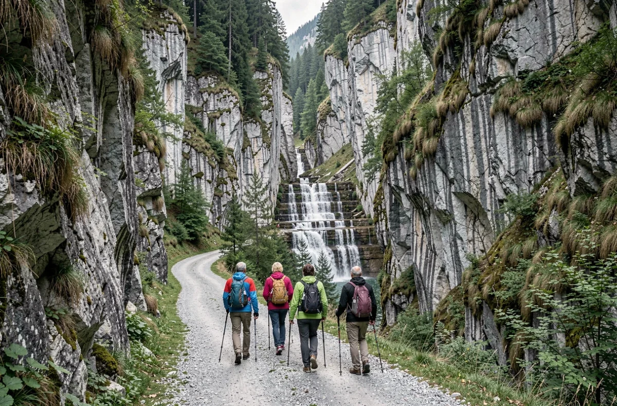 Randonneurs sur un sentier balisé longeant une cascade dans les gorges de Haute-Savoie