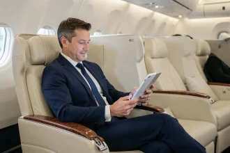 Passager en classe affaires Etihad Airways installé dans un siège large en cuir ivoire avec cloison de confidentialité individuelle